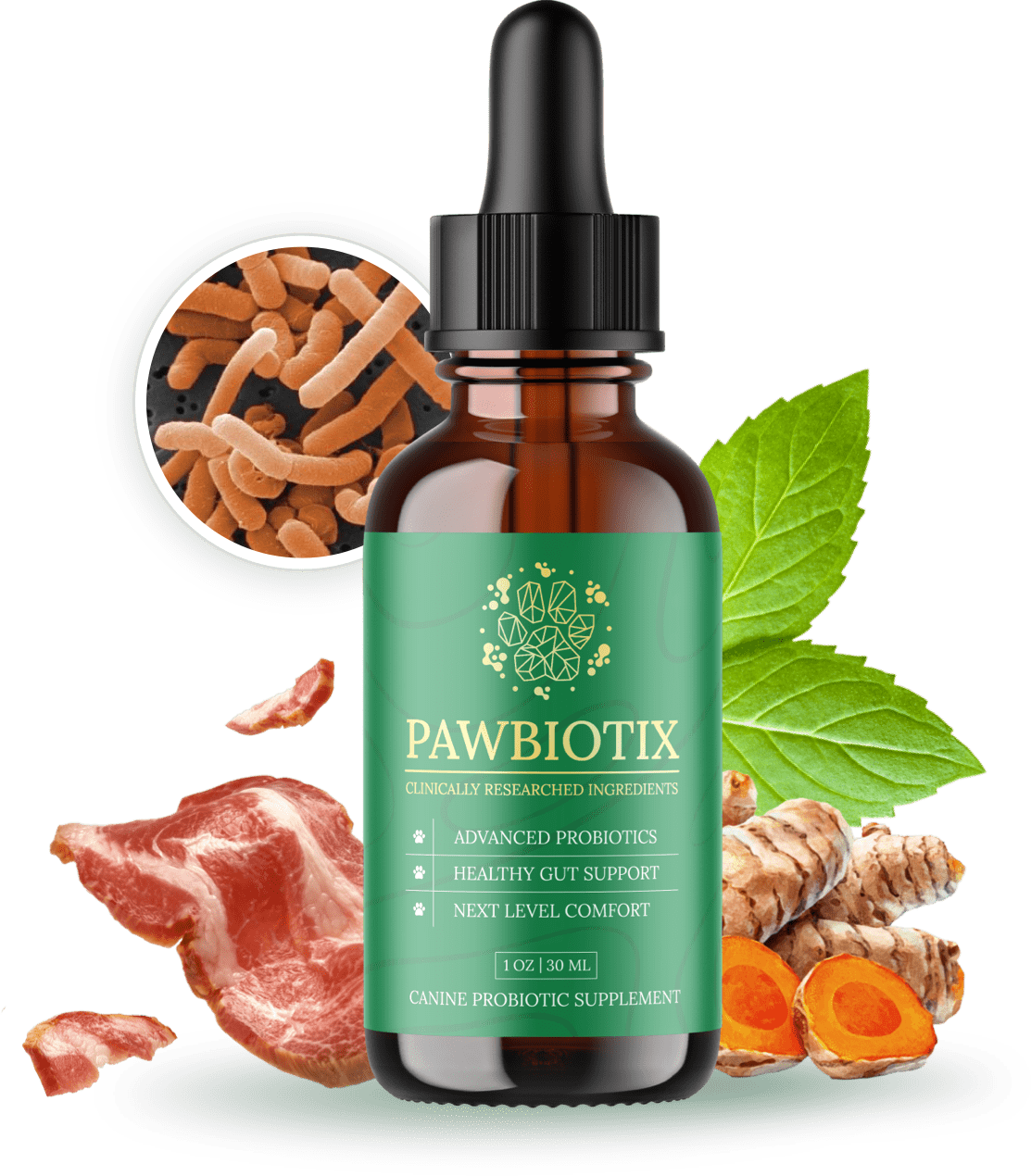 A bottle of pawbiotix with ingredients surrounding it.